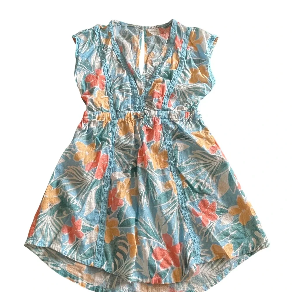 Abercrombie Kids Girls Blue Tropical Floral Metallic Lurex Lace Trim Dress 11/12